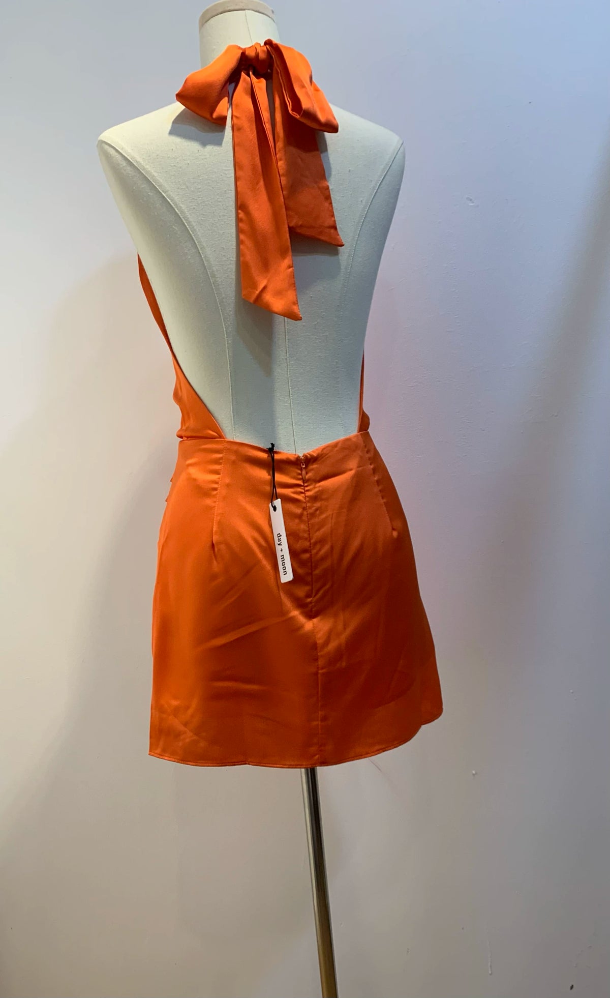 Satin Halter Wrap mini Dress in orange