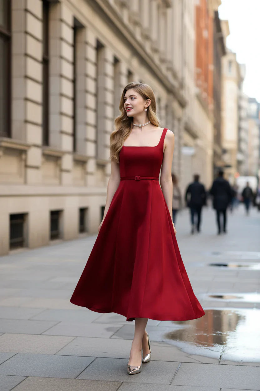 amelia square neck Satin Slip midi Dress - red