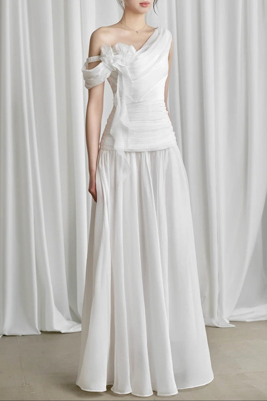 One-Shoulder 3D Flower Ruched Maxi Dress