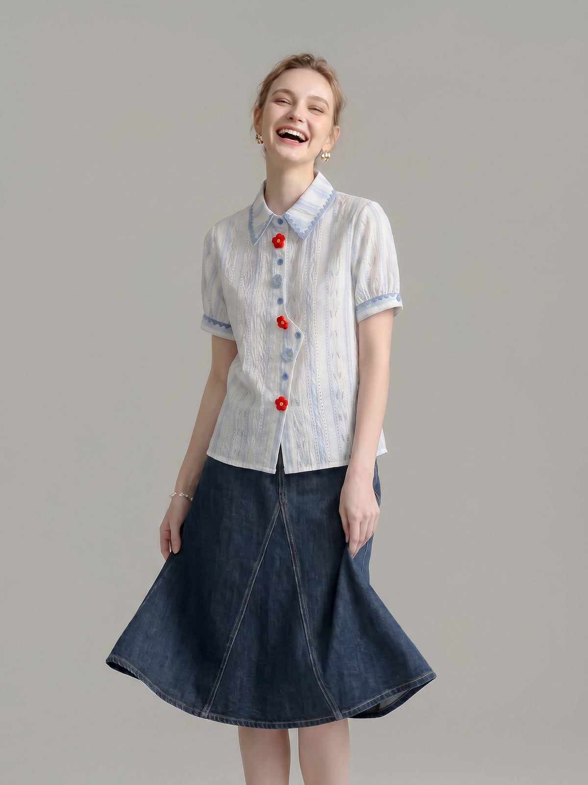Lace Trim Striped Eyelet Shirt With 3D Floral Buttons