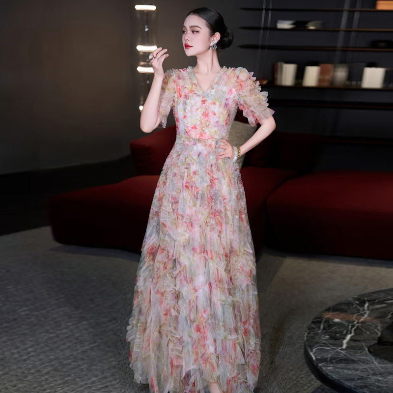 jodie v neck multicolor ruffle trim tulle maxi dress