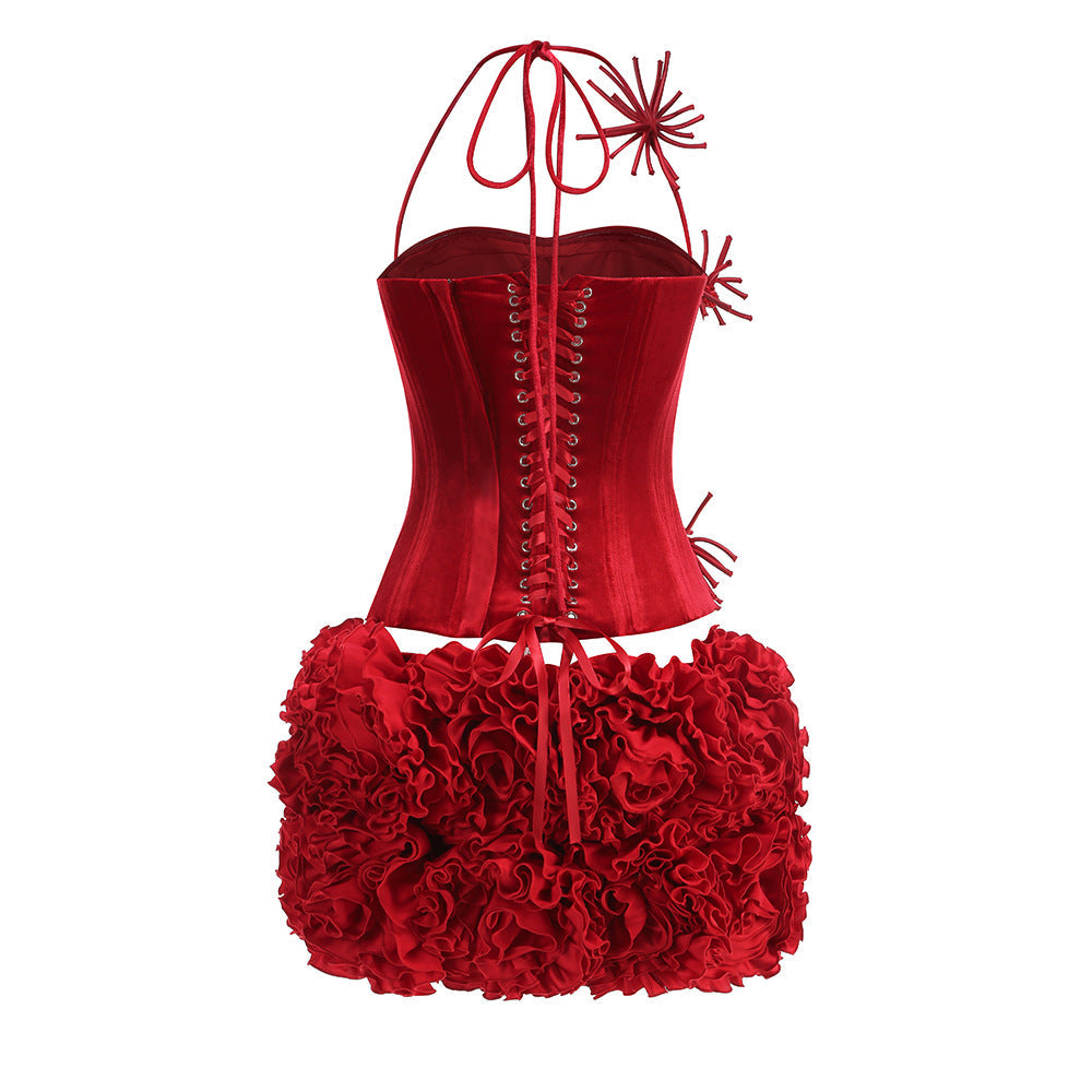 corset floral mini skirt suit in red