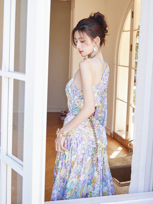 dolores French-style printed off-shoulder single-sleeve slit mini dress