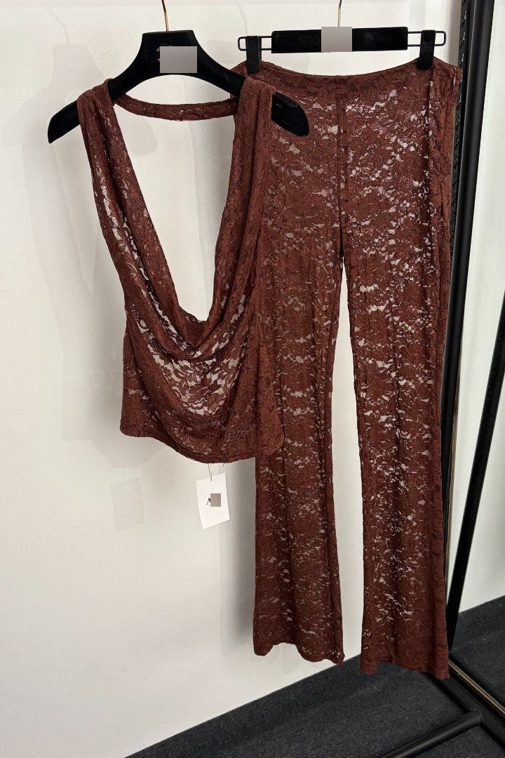 chocolate brown lace fitted halter top with cowl neck; slim-fit pants flaring from the knee two-piece set (halter top and matching pants)