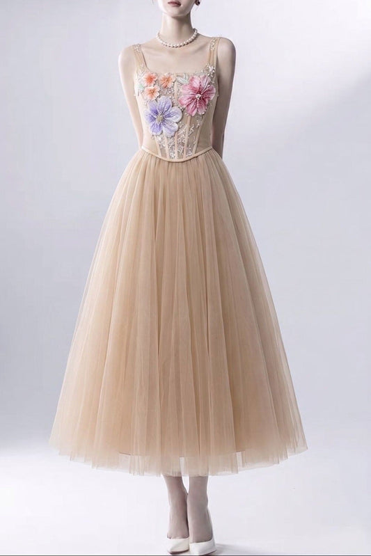 3D floral camisole top & tulle skirt set - champagne