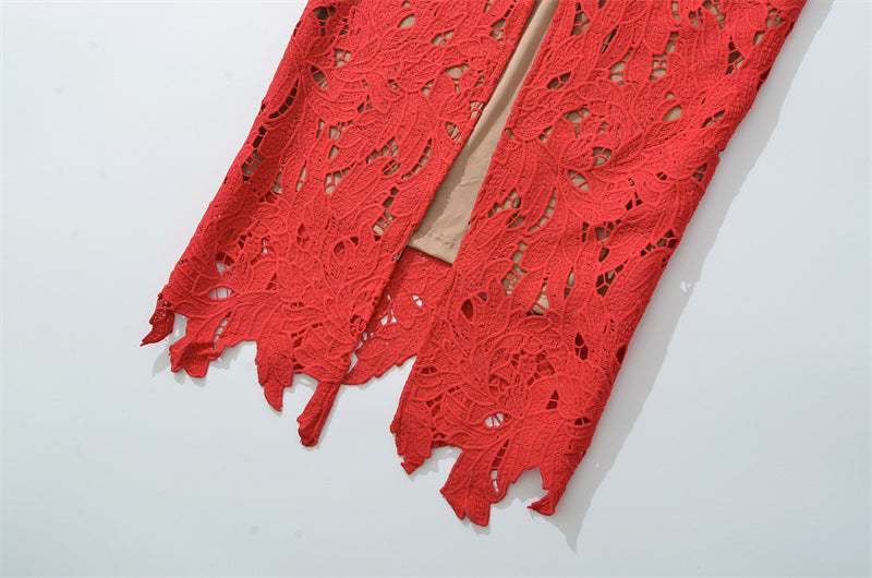 hermosa Bow Strap Embroidered Lace Maxi Dress in red