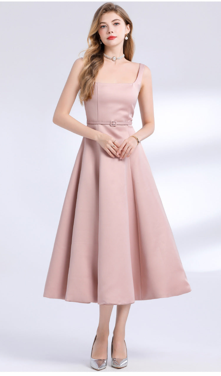 amelia square neck Satin Slip midi Dress - pink