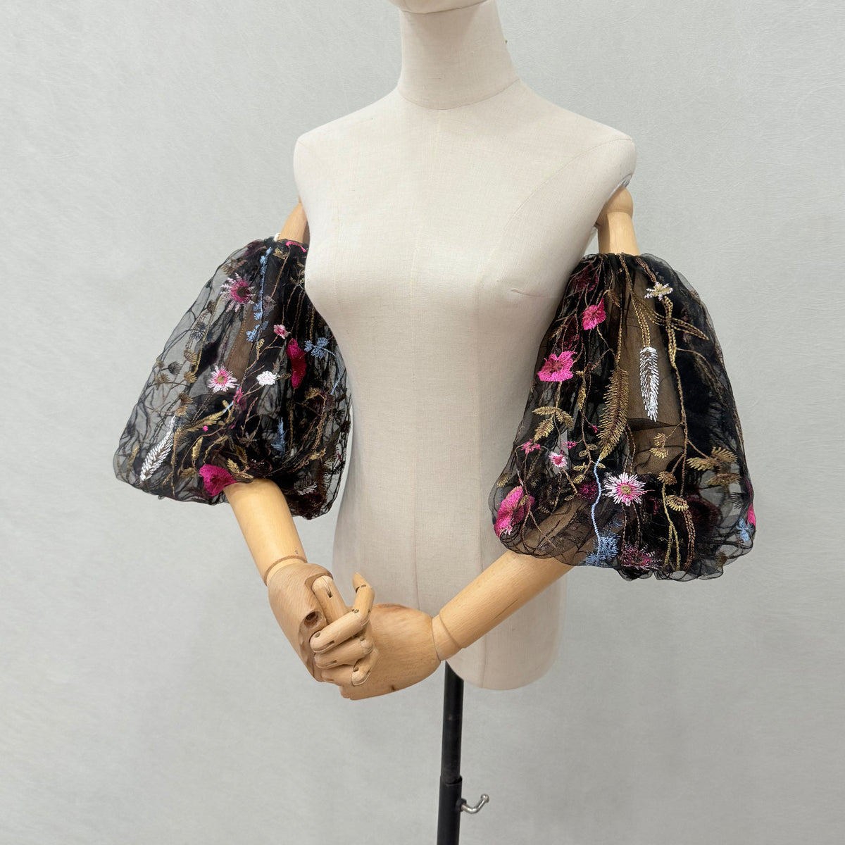 Black Sheer Tulle Multicolor Floral Embroidery Detachable Puff Arm Cuffs