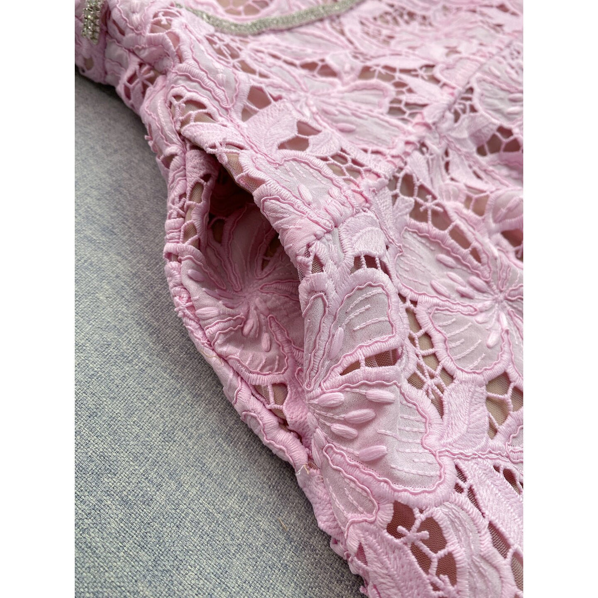 Light Pink Floral Corded Lace Fit-and-Flare Mini Dress