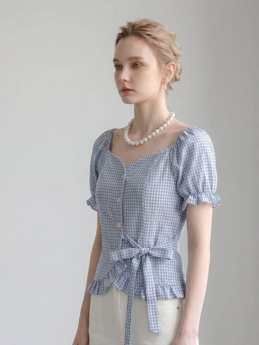 Sweetheart Neck Gingham Puff Short Sleeve Tie Waist Blouse