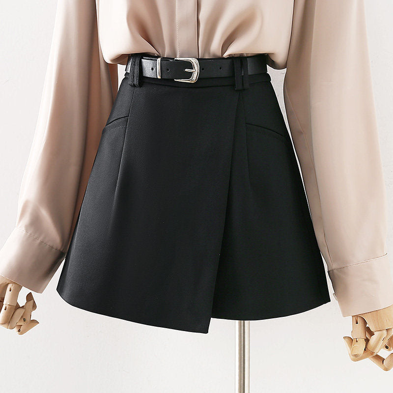 Grey High Waist Business Formal Mini Skort Irregular Wrap Design with Matching Belt