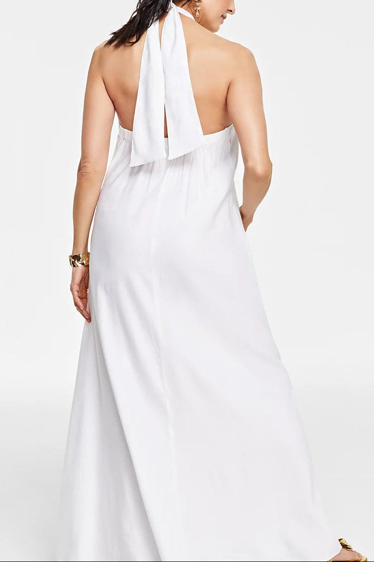 White Floral & Butterfly Print Halter Neck Maxi Dress