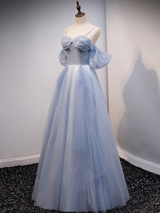 A-Line Off Shoulder Tulle Gray Blue Dress