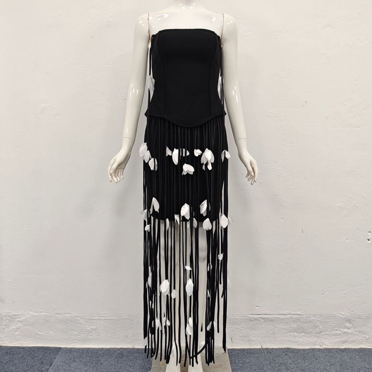hilary black flower tassel strapless mini dress