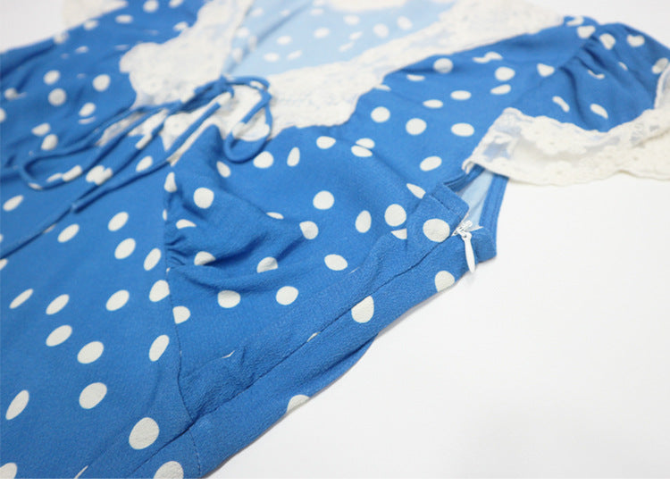 lyuba polka dot Lace-trimmed V-neck maxi dress in blue
