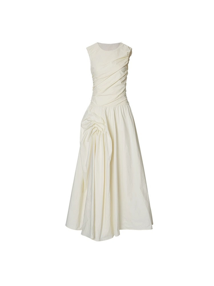 jenny ruched a-line sleeveless midi dress in apricot