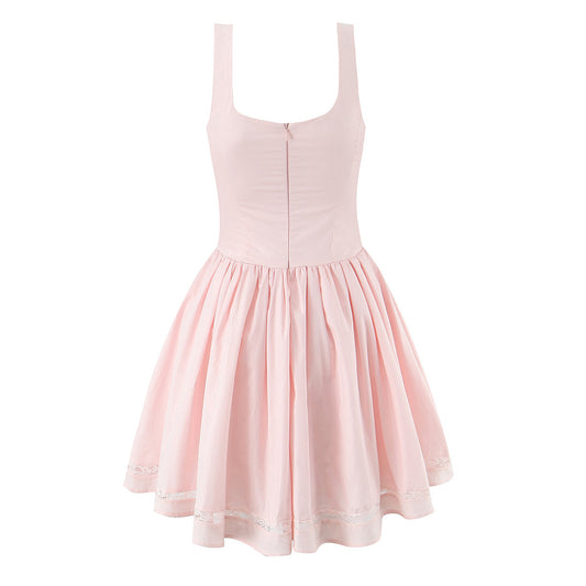 Bow Strap Lace Trim Mini Skater Dress