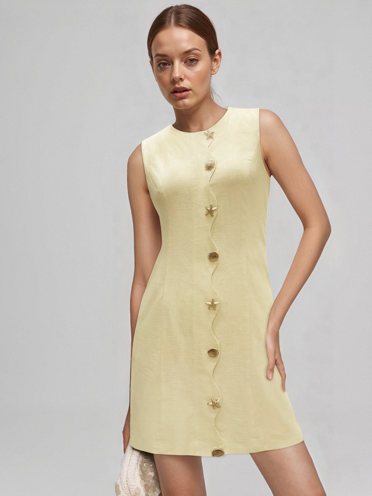 Pale Yellow Sleeveless Round Neck Star Shell Button Straight Mini Dress