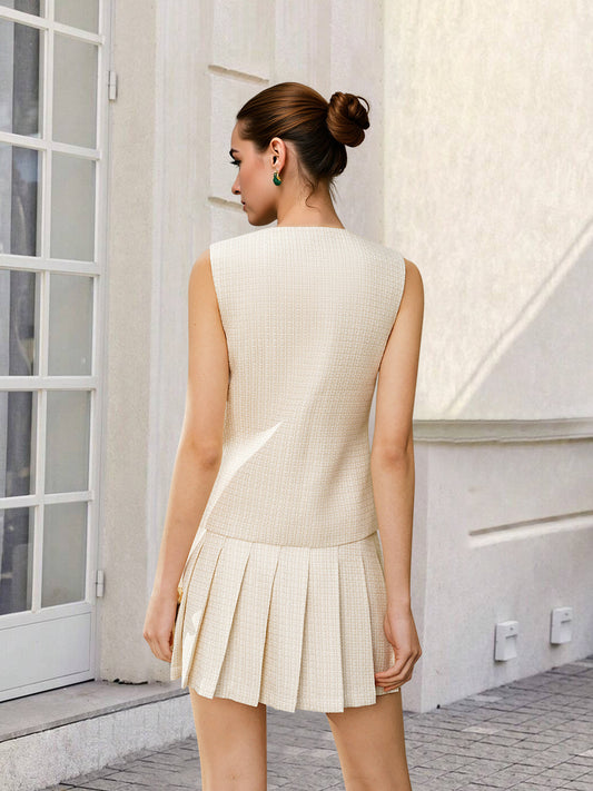 Cream Tweed Round Neck Sleeveless Contrast Trim Vest & Pleated Mini Skirt Two-Piece Set
