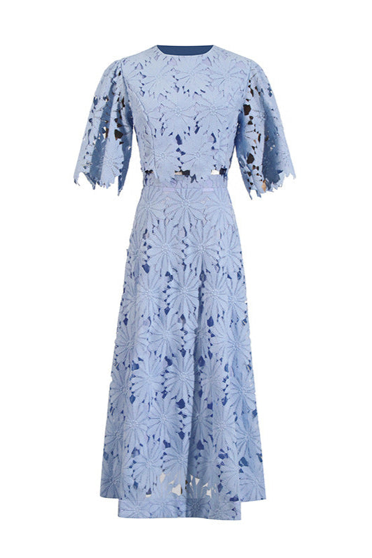 Lace Embroidered Top & Maxi Skirt Two-Piece Set in blue