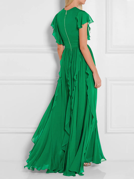 green V-neck ruffle maxi dress