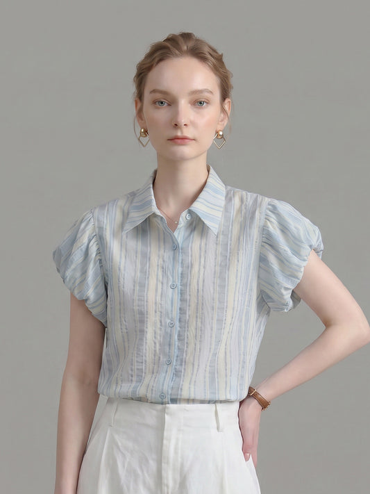 Vertical Stripe Puff Cap Sleeve Point Collar Shirt