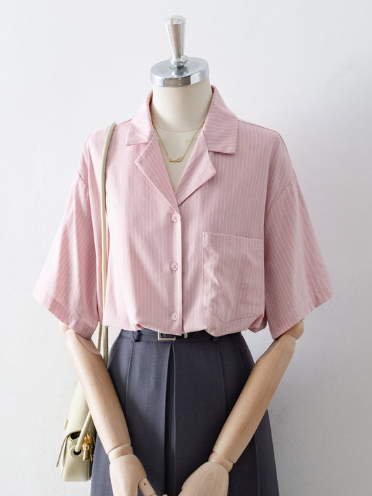 Vertical Stripe Notched Lapel Half Sleeve Loose Shirt With Chest Pocket