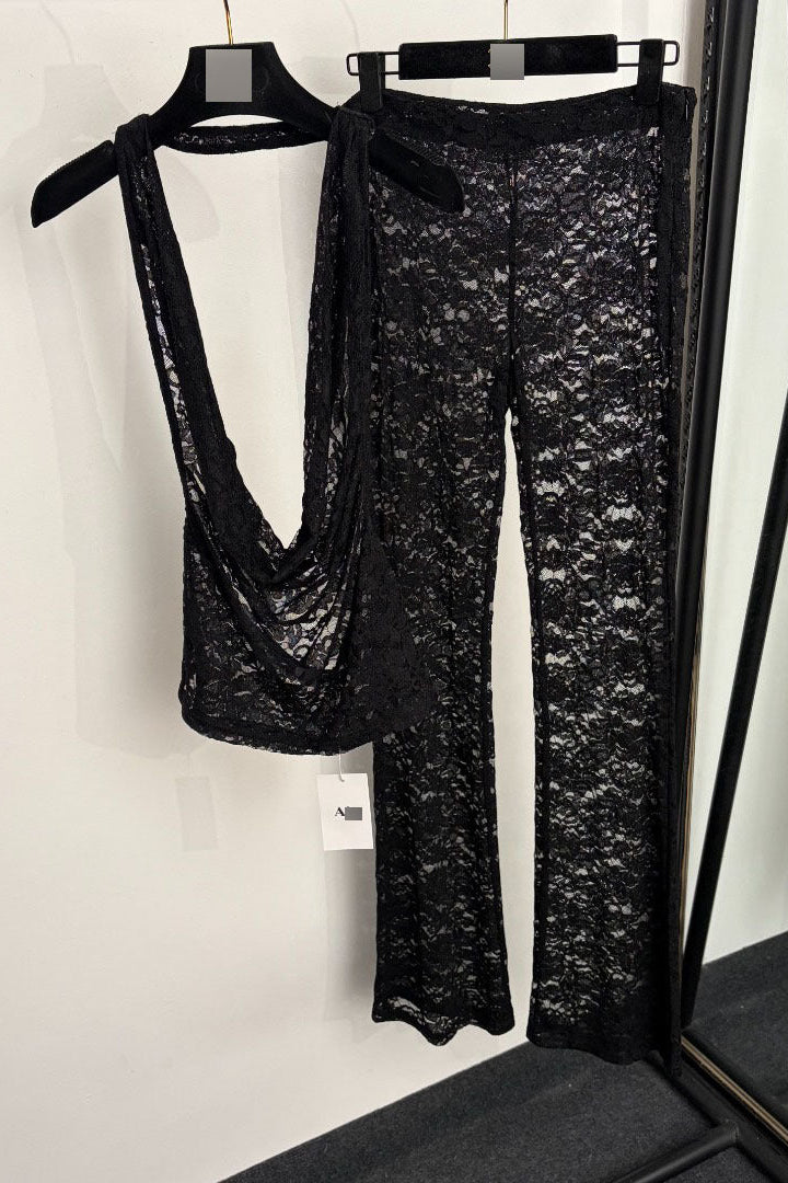 Black Sheer Floral Lace Cowl Halter Jumpsuit