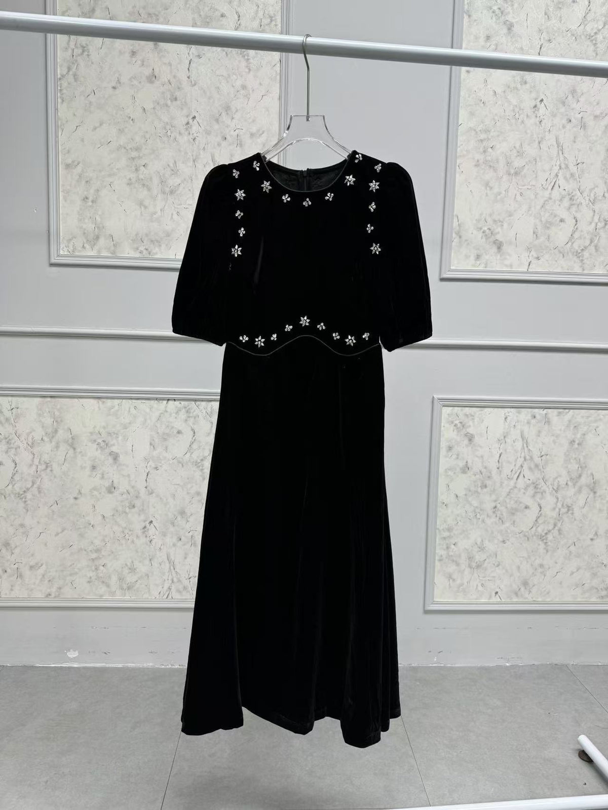 vicky black rhinestone embellished velvet puff sleeve maxi dress