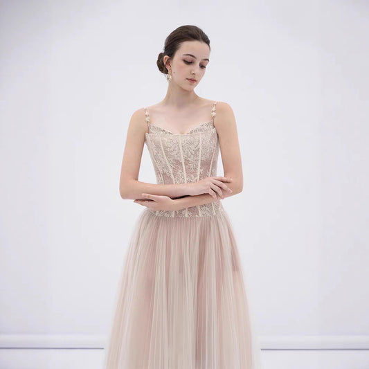 Alani Apricot Lace Mermaid Spaghetti Strap Tulle Dress
