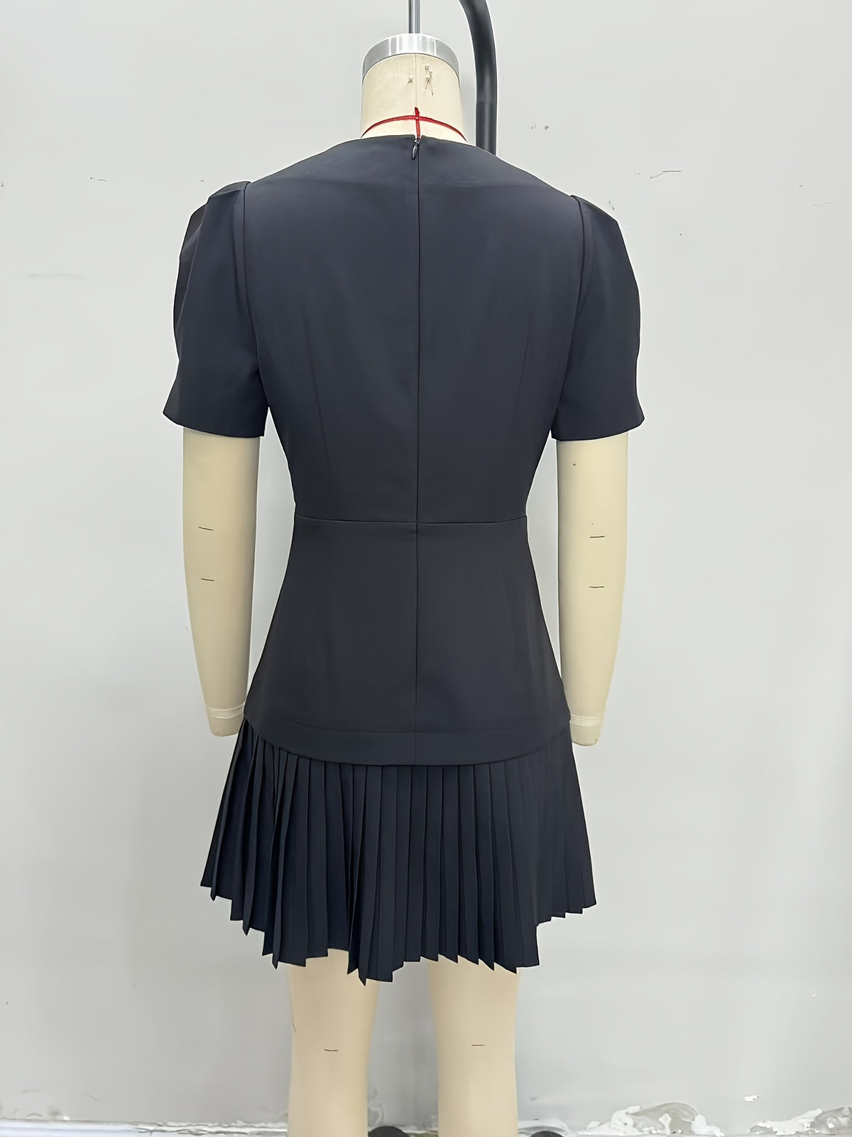 Black Sweetheart Square Neck Rhinestone Button Puff Sleeve Pleated Mini Dress