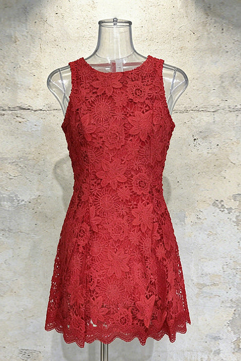 Red Guipure Lace Fit-and-Flare Dress