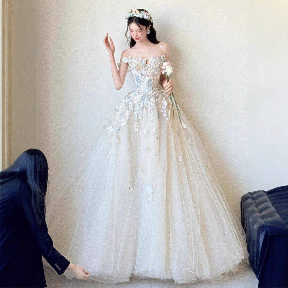 Off Shoulder 3D Floral Tulle Ball Gown Wedding Dress