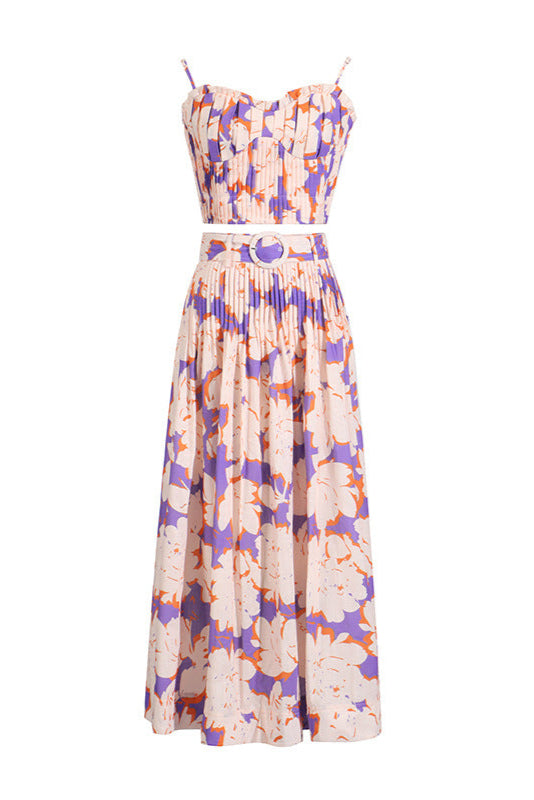 Pleated floral-print linen bustier top skirt set in blue