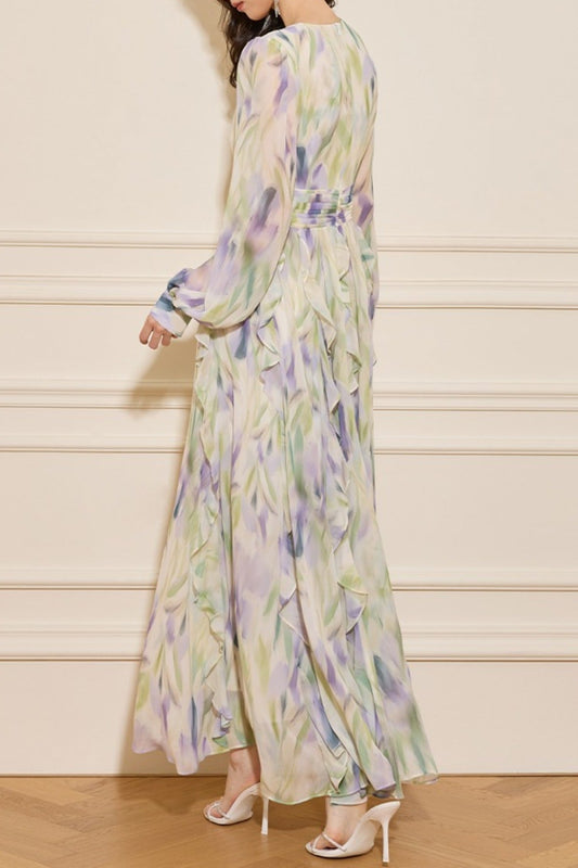 rachel multicolor v-neck floral print lantern sleeve maxi dress
