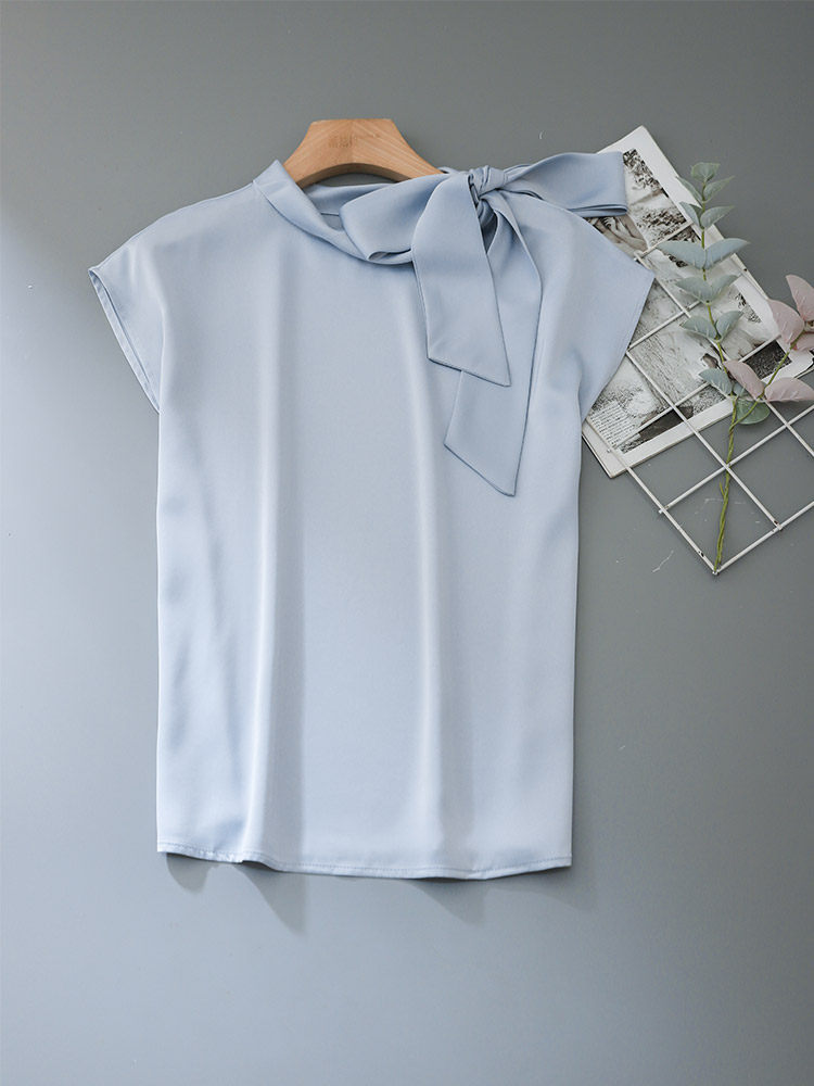 Asymmetrical Side Big Bow Stand Collar Cap Sleeve Satin Blouse