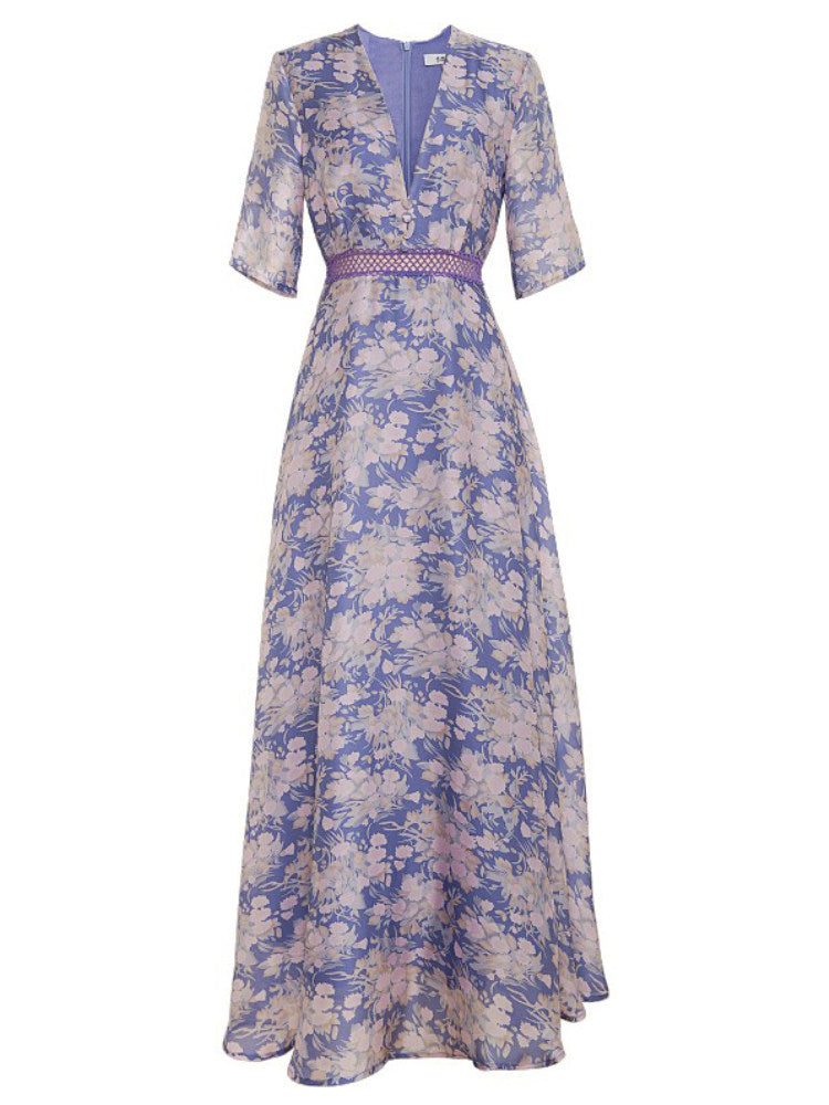 purple floral printed V-neck maxi dress