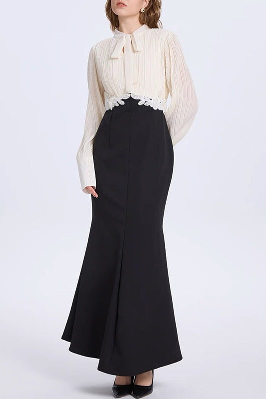 carlin Balloon Sleeve Ruched Tie Up Midi Dress - white & black
