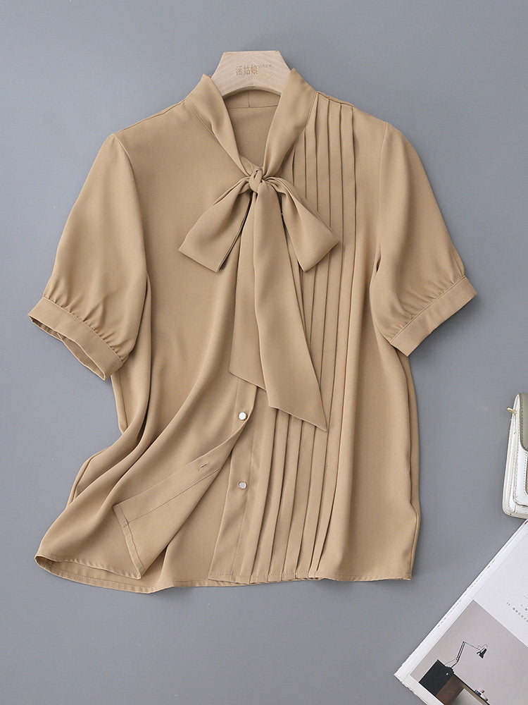 Big Bow Tie Neck Pleated Puff Short Sleeve Satin Blouse
