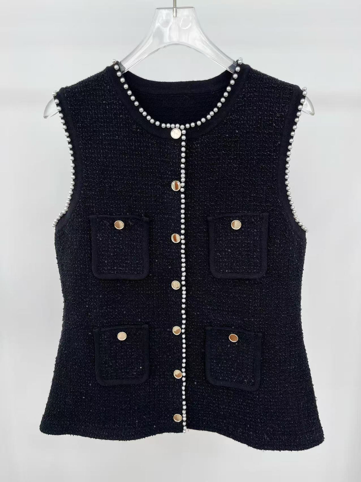 Jody Black Tweed Vest with Pearls embellished