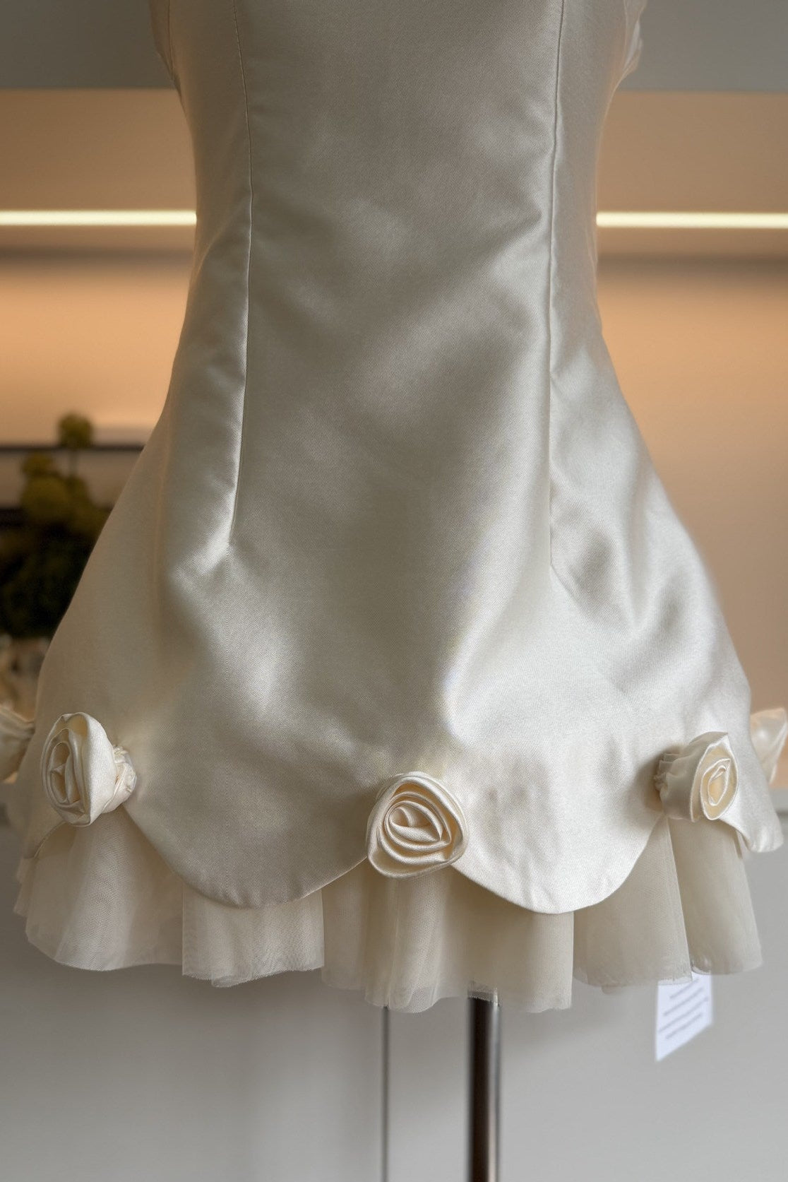 White Mini Dress with Rose Appliqués and Bow Detail