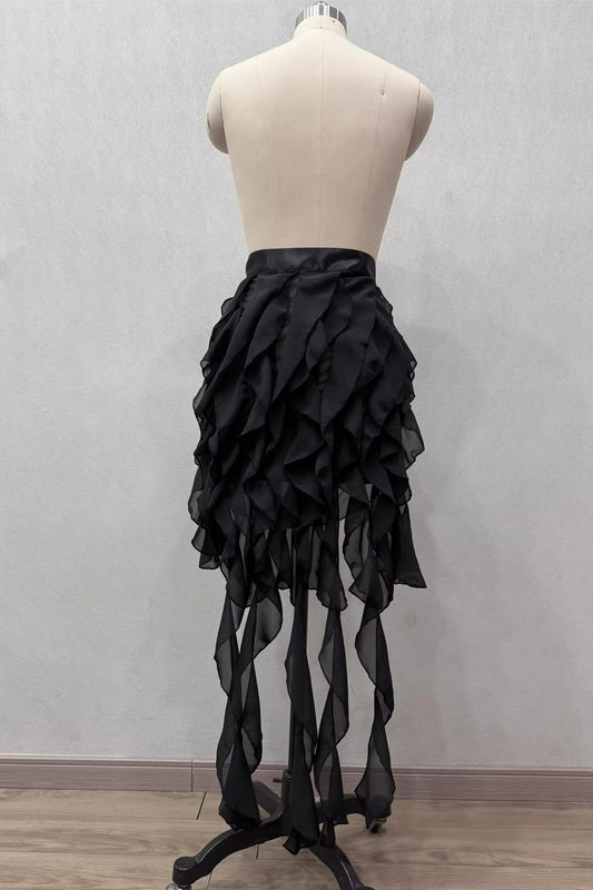 Multi-Layer Cascading Ruffle Asymmetric Streamer Chiffon Skirt
