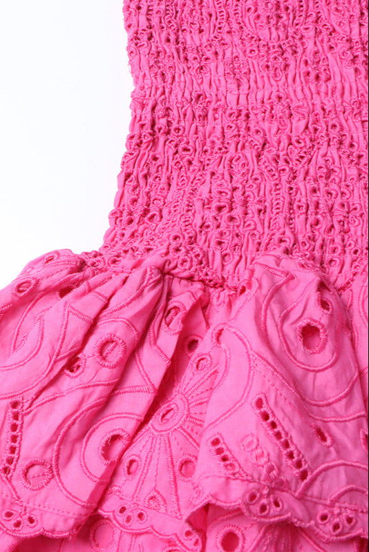 eyelet layered strapless mini dress in fuchsia
