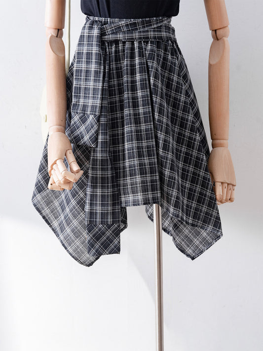 Black White Plaid Wrap Tie Asymmetrical Hanky Hem Skirt