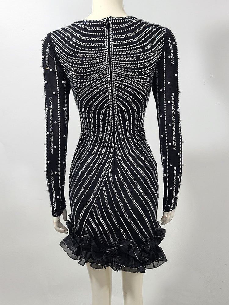 jenny Black Crystal Embellished Flutter Trim Mini Dress
