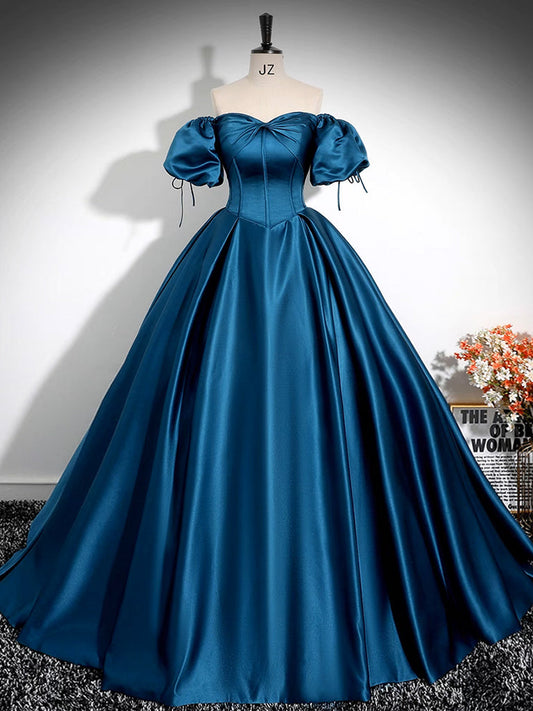 A-Line Puff Sleeves Satin Peacock Blue Prom Dress