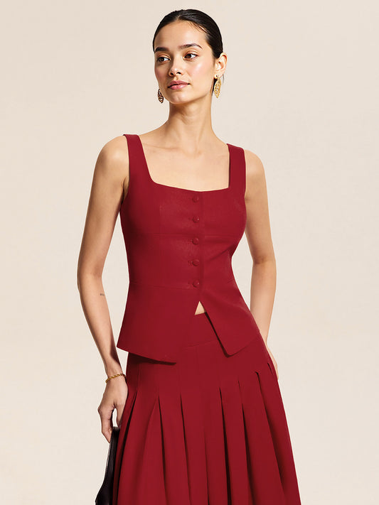 Burgundy Square Neck Sleeveless Button Vest & Slit Pleated Midi Skirt Two-Piece Set