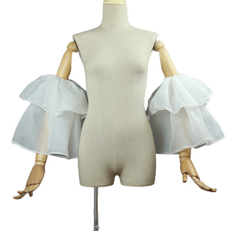 White Double Layer Ruffle Organza Detachable Bell Cuff Sleeves