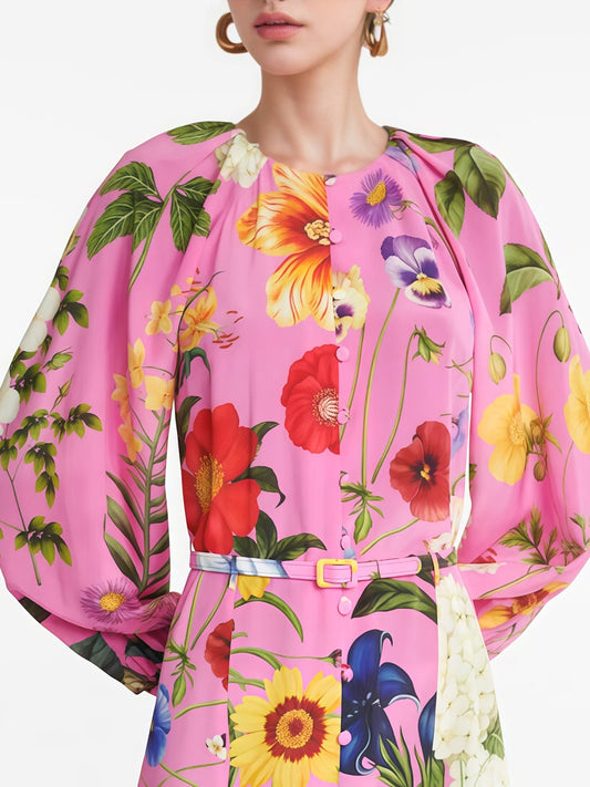 pink floral print single-breasted satin maxi dress