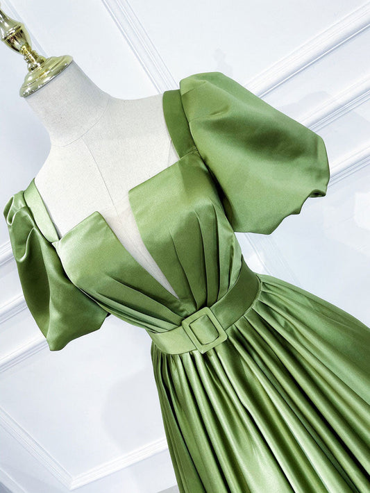 Green satin maxi prom dress